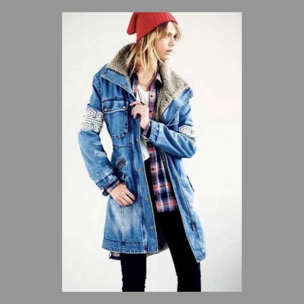 Free People Rendered Denim Embroidered Sherpa Jacket/Coat L